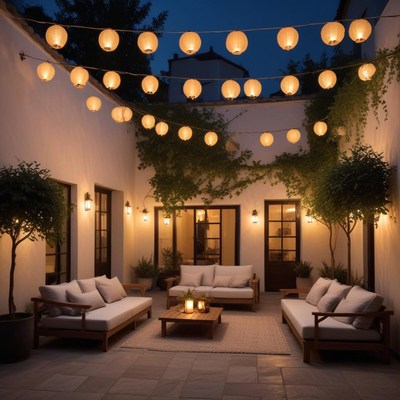 Cozy courtyard with glowing lanterns during evening hours