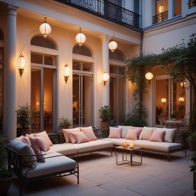 Cozy courtyard lounge with soft lighting and elegant decor