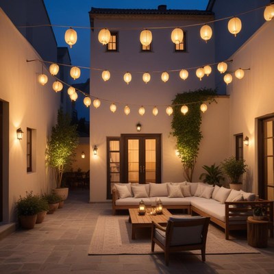Cozy courtyard with lanterns glowing at night