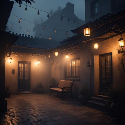 Quiet courtyard illuminated by lanterns at night