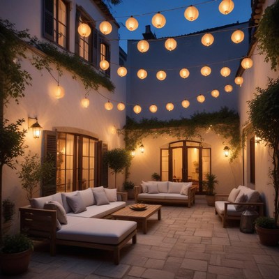 Cozy courtyard with lanterns during twilight hours