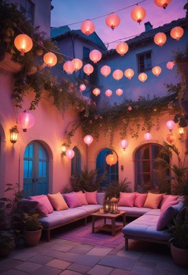 Cozy courtyard adorned with lanterns during twilight