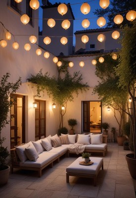 Cozy outdoor lounge area with lanterns at night