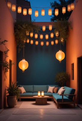 Outdoor lounge with lanterns at twilight