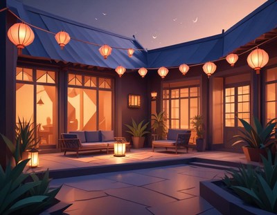Cozy evening in a beautifully lit courtyard with lanterns