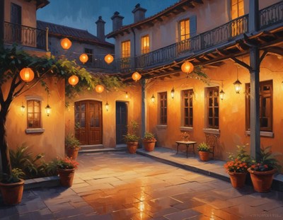 Evening courtyard with warm lights and charming decorations