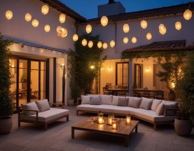 Cozy outdoor patio with lanterns and seating in evening