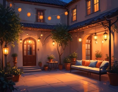 Cozy courtyard with lanterns at night