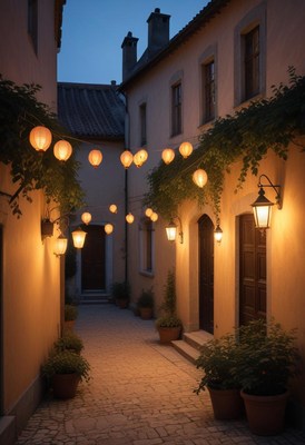 Lanterns illuminate a charming alleyway at dusk