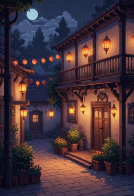 Charming night in a lantern-lit village courtyard