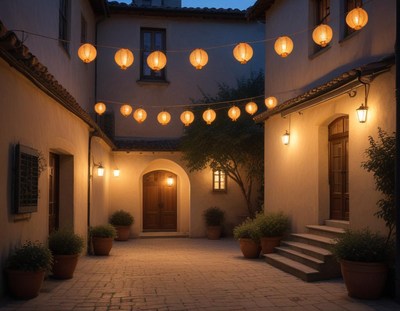 Charming courtyard illuminated by lanterns at night