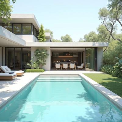 Modern house with pool and outdoor dining area
