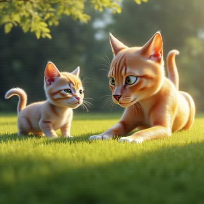 Cute kittens playing in a sunny meadow during spring