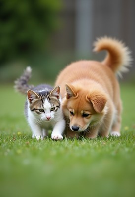 Cute puppy and kitten playing together in green grass