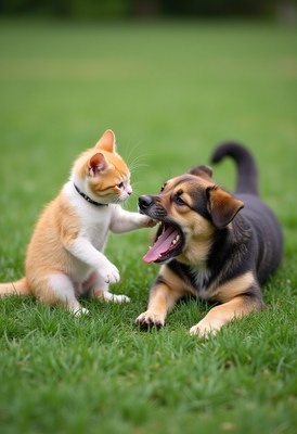 Playful kitten and puppy enjoy sunny day outdoors