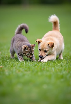 Playful puppy and kitten exploring a green lawn