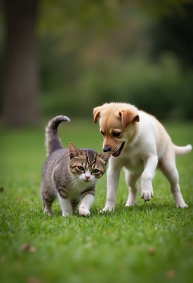 Puppy and kitten playing together in a green park