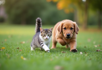 Playful kitten and puppy exploring a green park