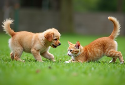 Playful puppy and kitten enjoying a sunny day in the park