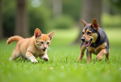 Dogs and cats play together in a sunny park