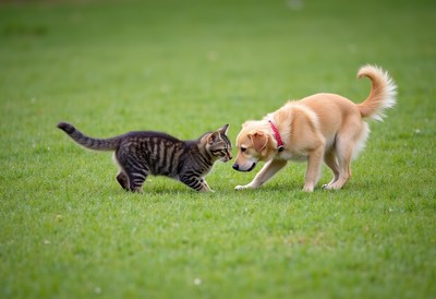 Cat and dog play together in a grassy field