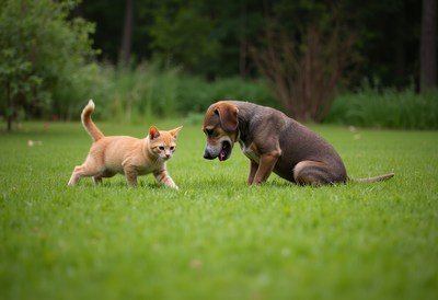 Dog and kitten play together in a green garden