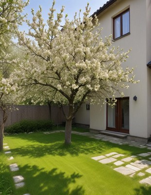 Blooming tree in a sunny backyard with green grass