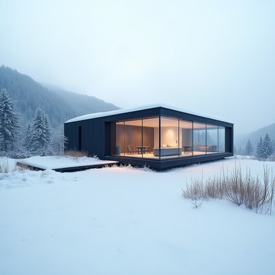 Modern house in snowy landscape during winter evening