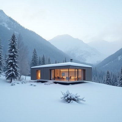Cozy cabin in a snowy mountain landscape at dusk
