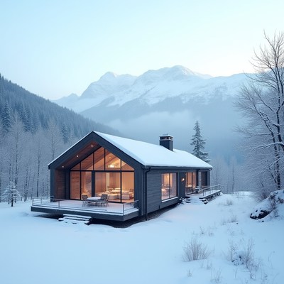 Winter retreat in a snowy landscape with mountain view