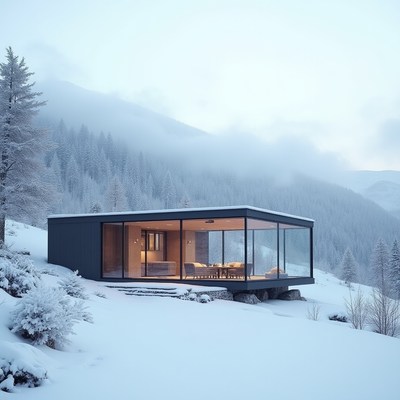 Modern cabin in snowy mountains during winter twilight