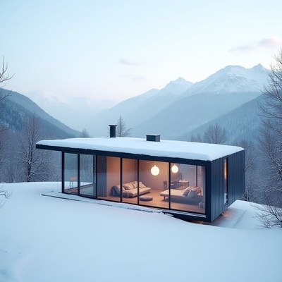 Modern cabin nestled in snowy mountain landscape during dusk