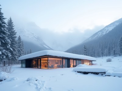 Snow-covered modern house in serene mountain landscape