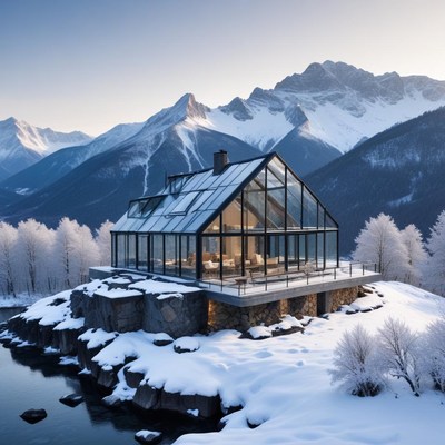 Modern glass house in snowy mountain landscape