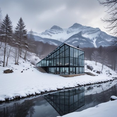 Modern glass house beside snowy mountains and river