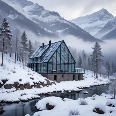 Modern glass house in snowy mountains by a river