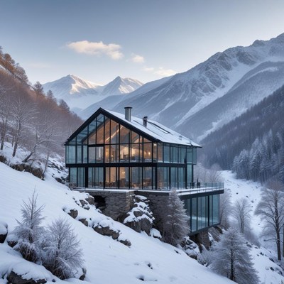 Modern glass house in snowy mountain landscape
