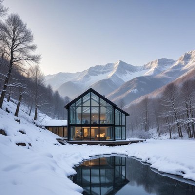 Modern glass house in snowy mountain landscape