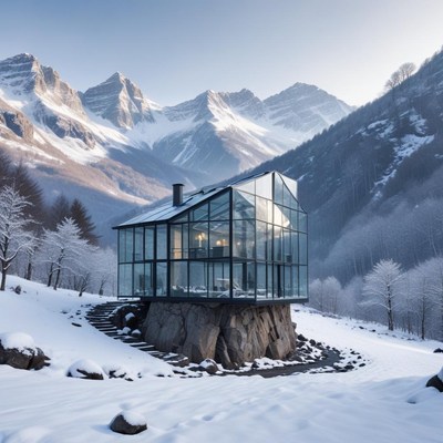 Winter landscape with a glass house in the mountains