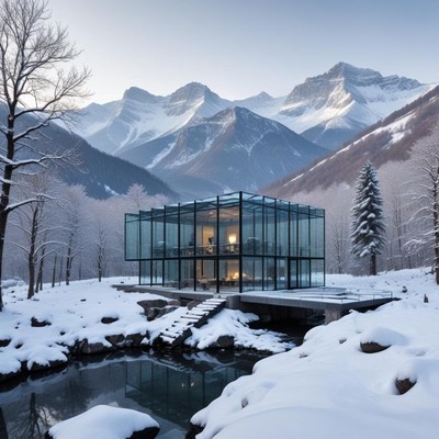Modern glass house nestled in snowy mountain landscape