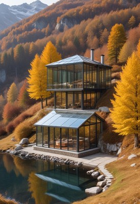 Glass house amid autumn leaves and mountains