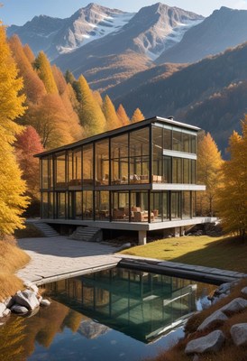 Modern glass house surrounded by vibrant autumn trees