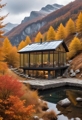 Scenic modern house surrounded by autumn landscape