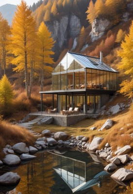 Modern glass house among autumn trees by a serene pond