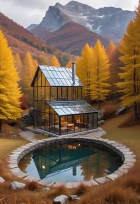 Modern glass house surrounded by autumn trees near mountains