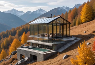 Mountain retreat features modern design in autumn landscape