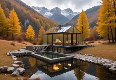 Modern house reflects autumn colors in mountain setting