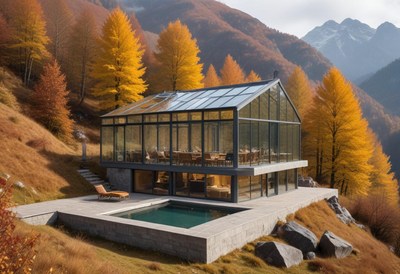 Modern glass house nestled among autumn trees in mountains