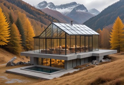 Modern glass house surrounded by autumn mountains