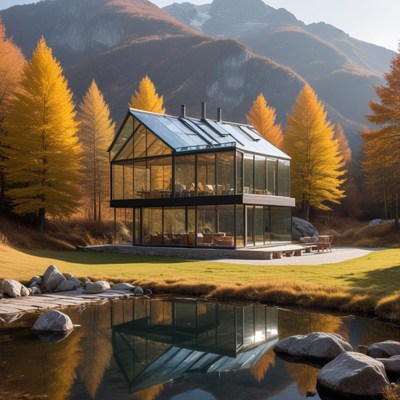 Modern house surrounded by autumn foliage in the mountains